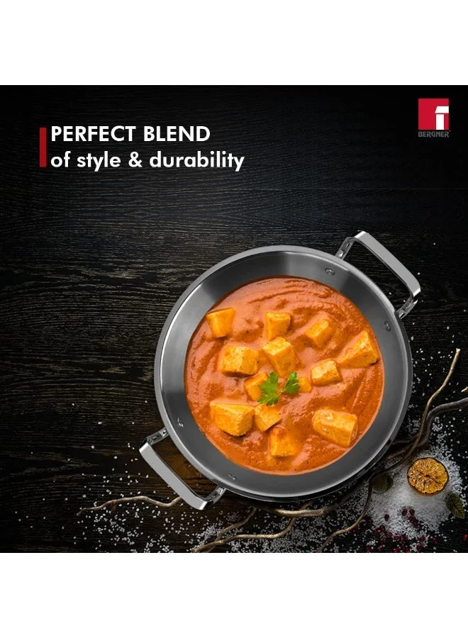 بيرجنر Bergner Tripro 4-Pc Triply Stainless Steel Cookware Set, 24cm (3.1L) Stir Fry Pan with Lid, 22cm Frying Pan, 16cm (1.7L) Saucepan, Less Oil Use Healthy Cooking Set, Even Heating, Induction & Gas Ready